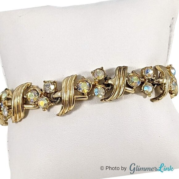 Vintage 1960s Aurora Borealis AB Rhinestone Floral Gold Tone Bracelet - Picture 6 of 10